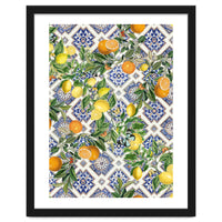 Blue Mediterranean tiles, lemons and oranges fruit