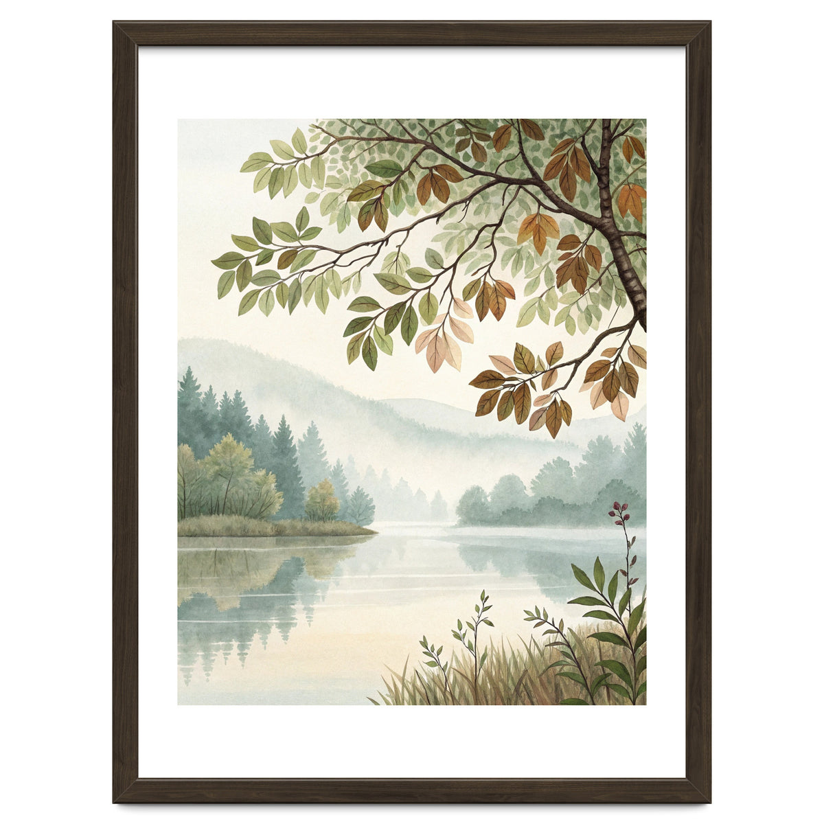 Tranquil Lakeside Forest Watercolor Painting with Overhanging Autumn Branches and Misty Mountain Reflection