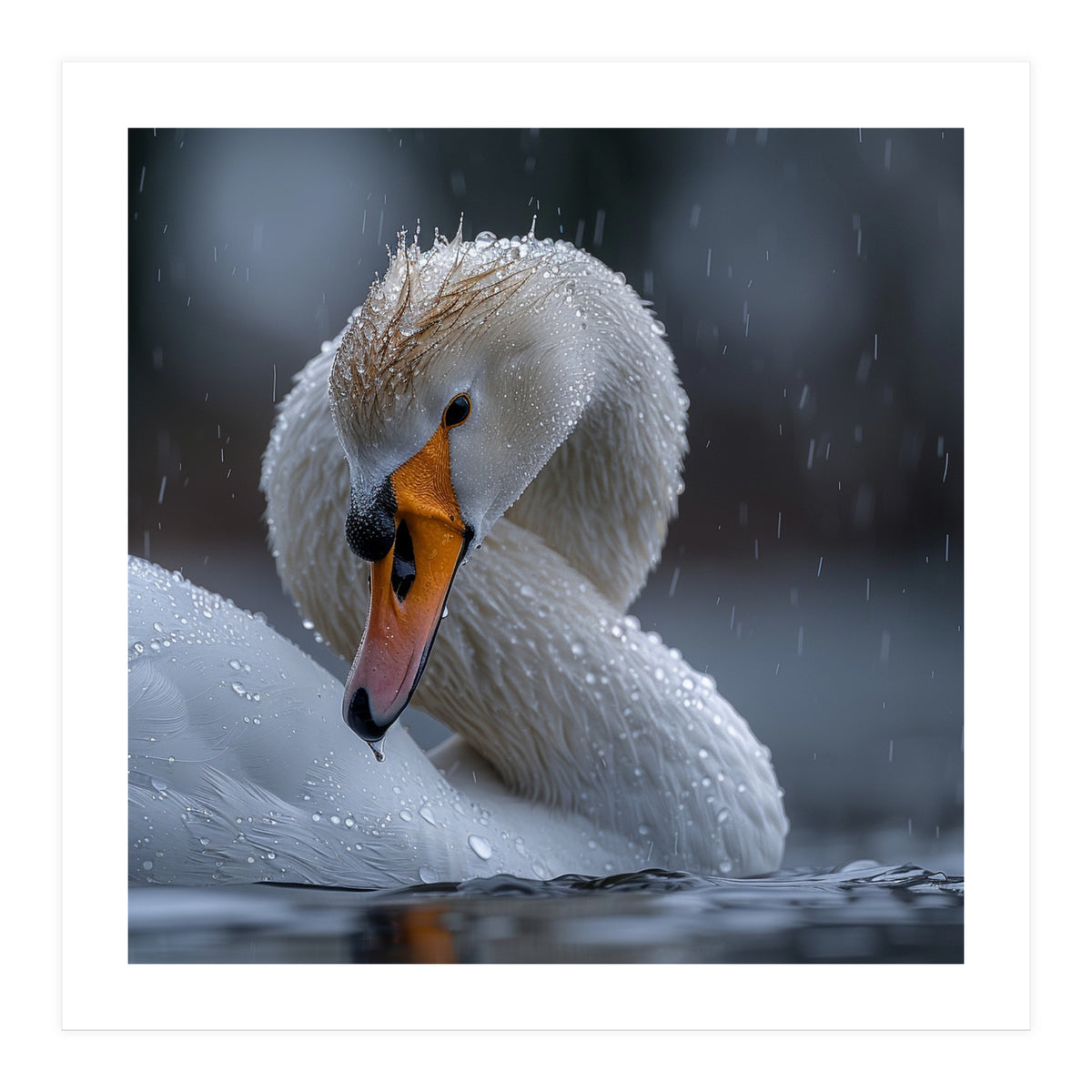White Swan Bird With Water Droplets In Rain (Print Only)