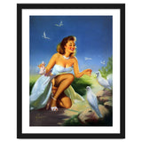 Beautiful Pinup Girl Feeding White Pigeons thumbnail
