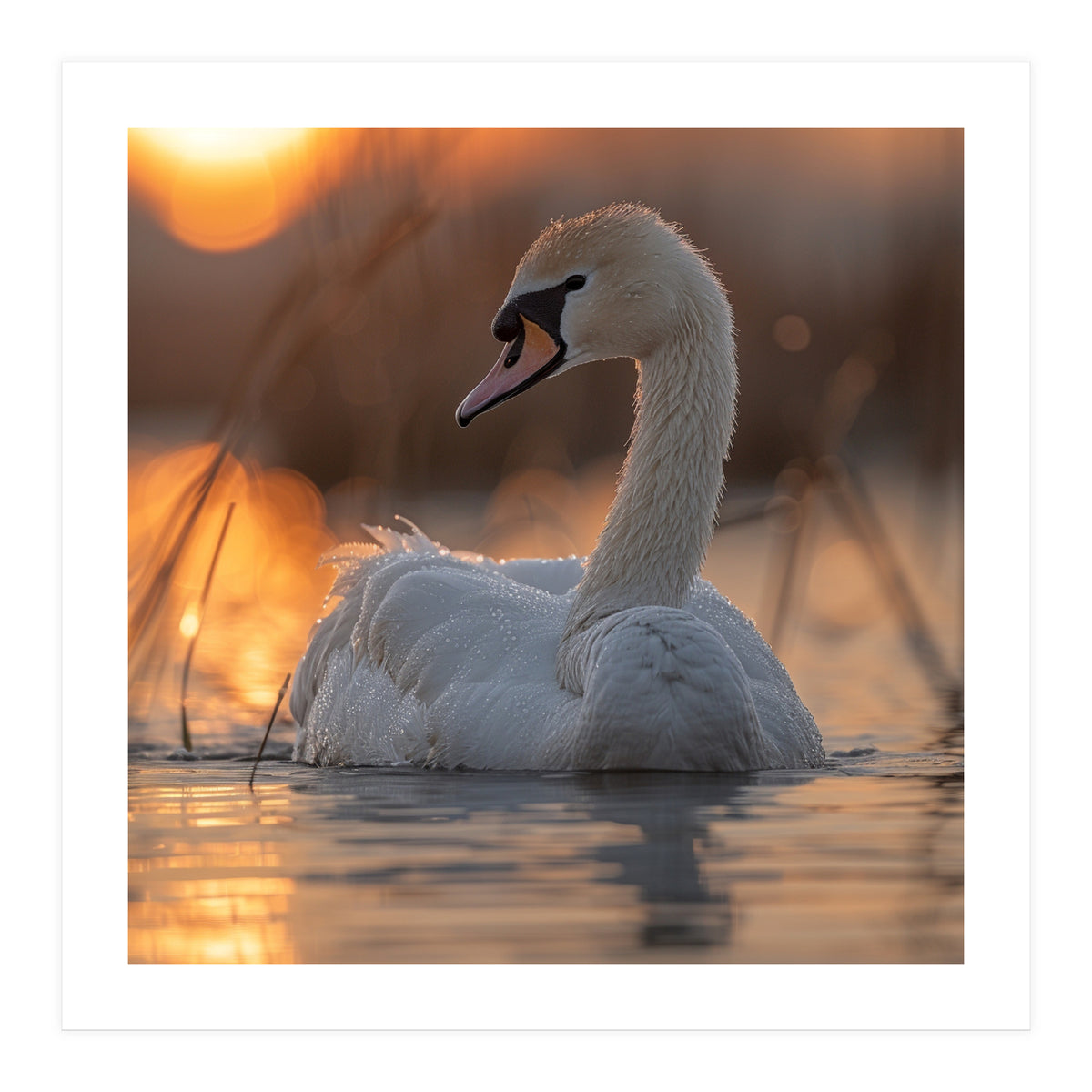 Majestic Swan Swimming At Sunrise Serene Water (Print Only)