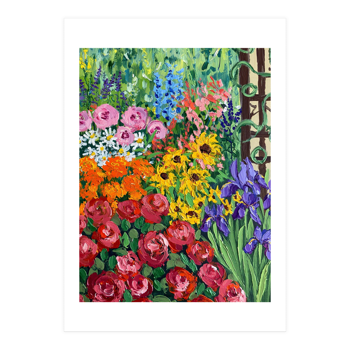 Vibrant Summer Cottage Garden Oil Painting (Print Only)