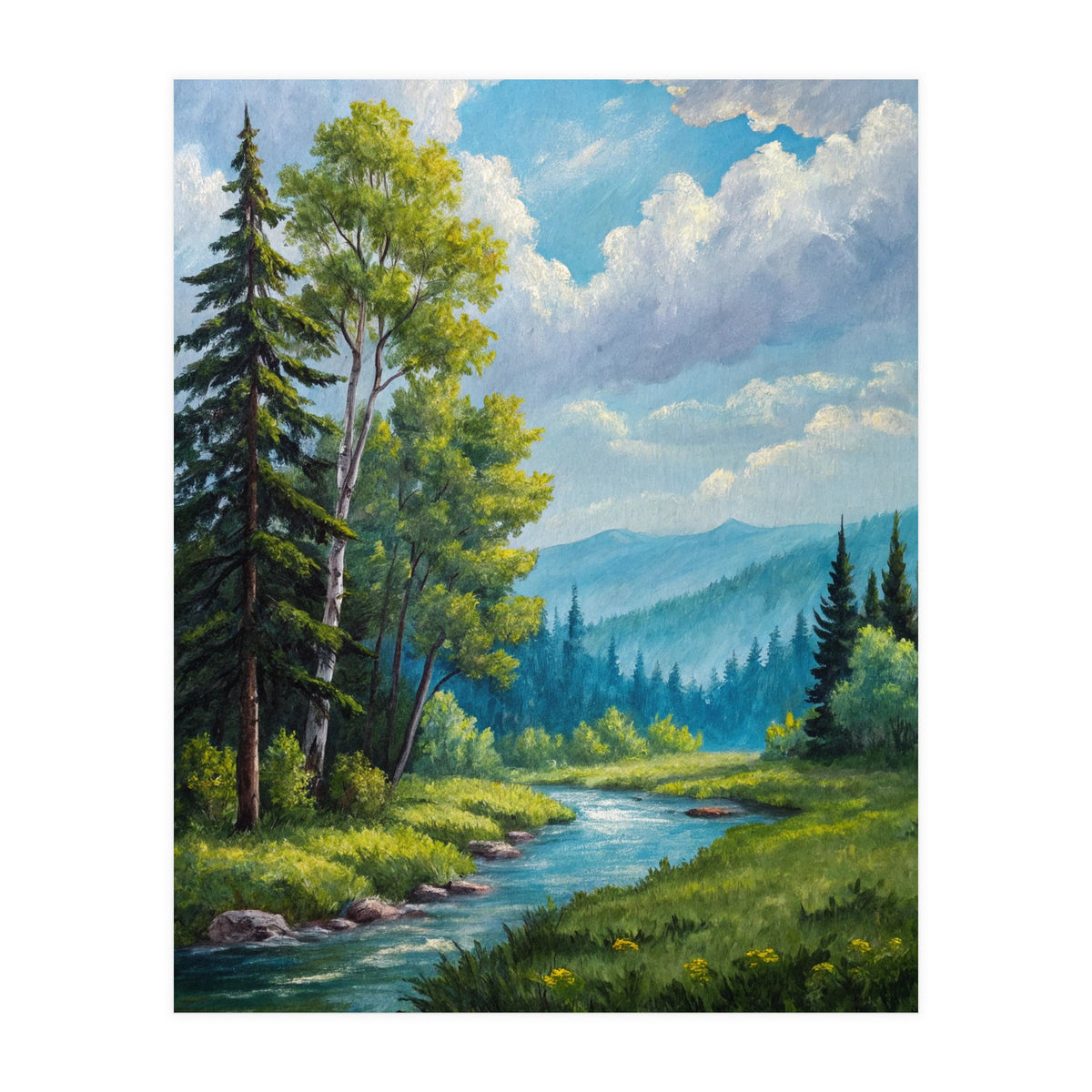Serene Mountain River Landscape Oil Painting (Print Only)
