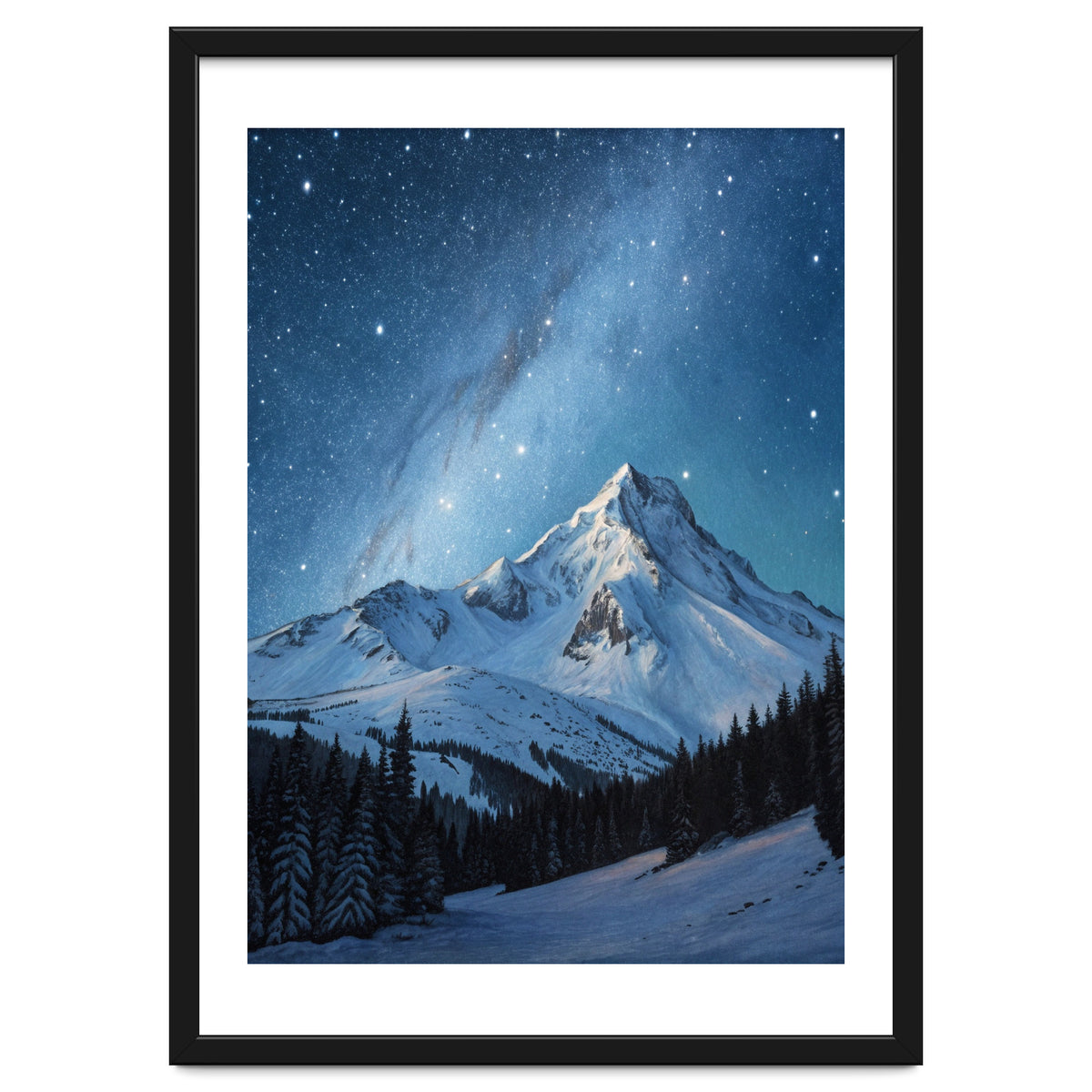 Majestic Snow-Capped Mountain Peak Under a Brilliant Starry Night Sky