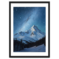 Majestic Snow-Capped Mountain Peak Under a Brilliant Starry Night Sky
