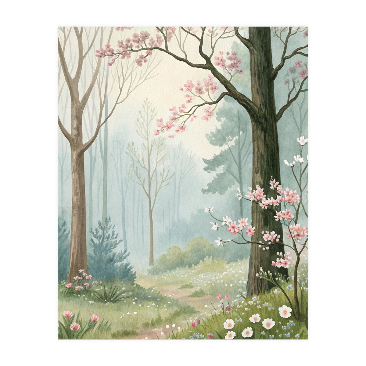 Enchanted Spring Woodland Path with Blooming Cherry Blossoms and Misty Pastel Forest Atmosphere (Print Only)