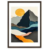 Minimalist Layered Mountain Landscape with Golden Sun