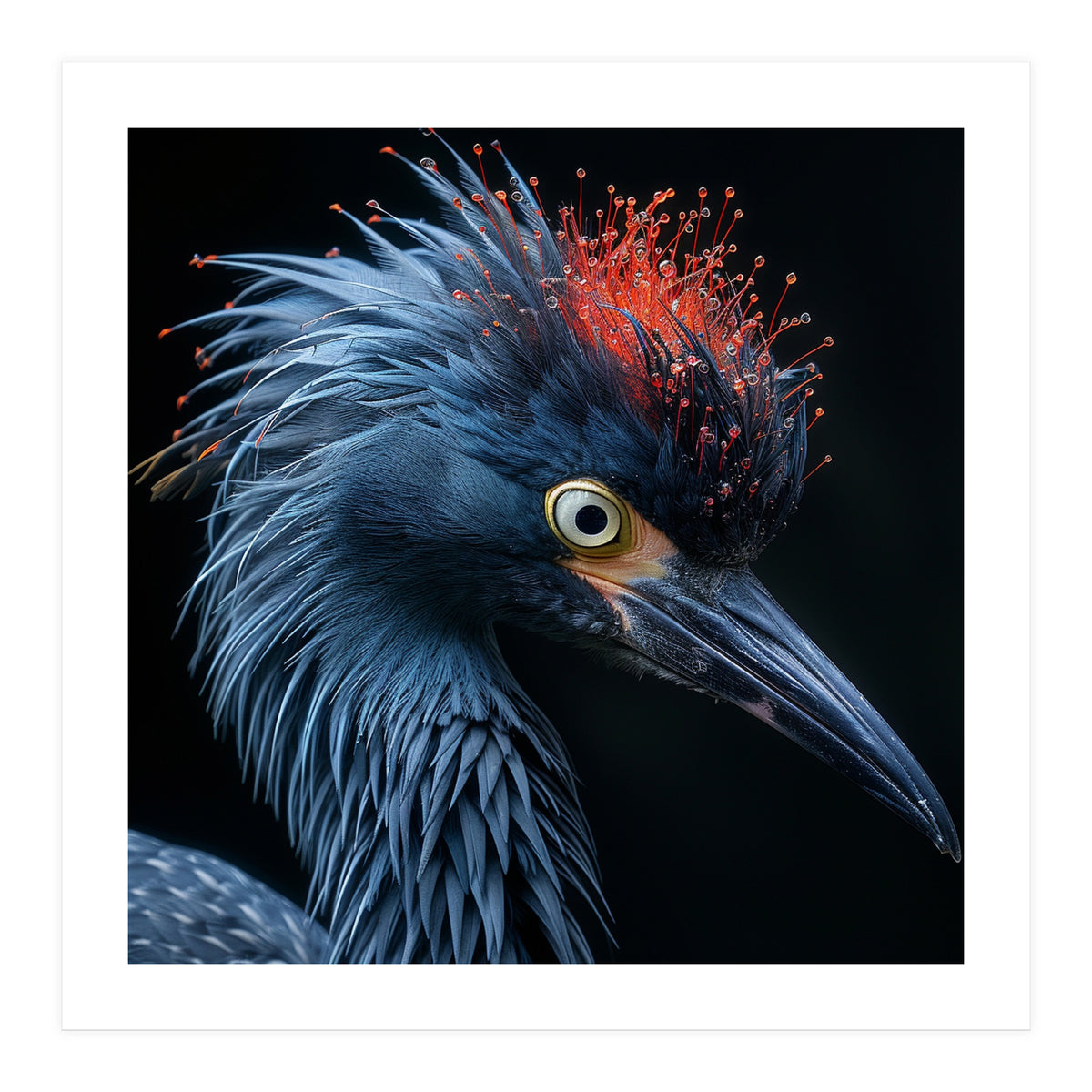 Blue Heron Bird Head With Orange Crown  (Print Only)