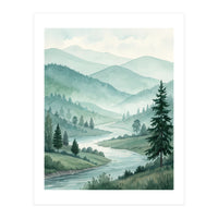 Serene Misty Mountain Valley Watercolor Painting (Print Only)