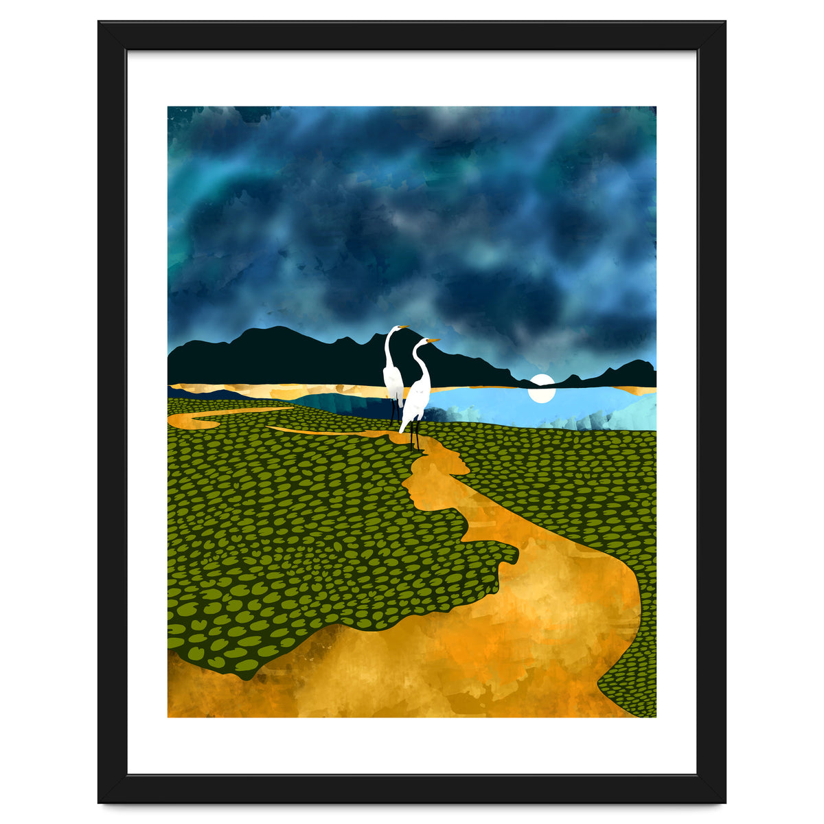 Great Egrets On Honeymoon Island, Heron Wildlife Painting Nature Landscape, Travel Dark Scenic Birds Love Animals Lake Bohemian