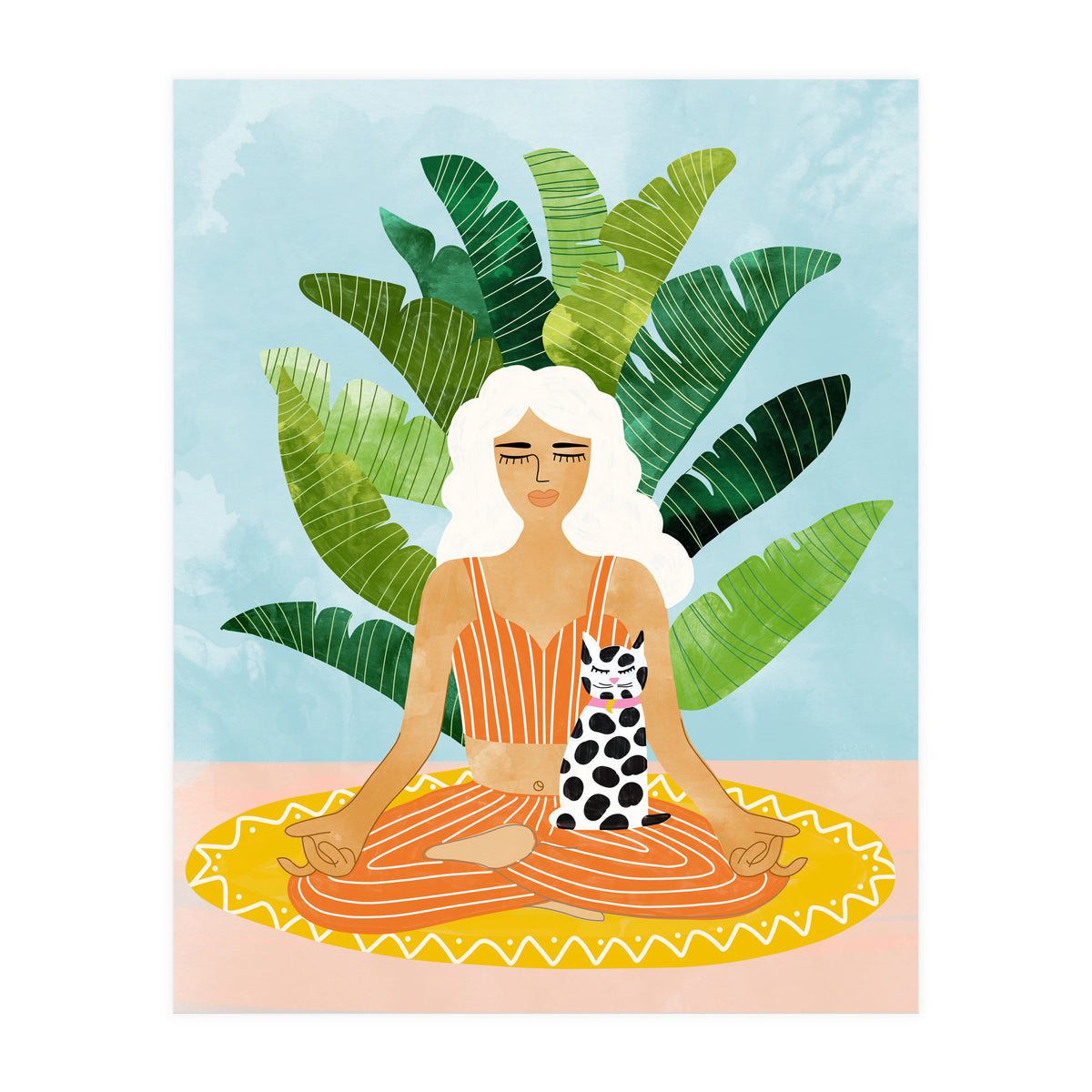 Meditation With Thy Cat Poster | Blonde Woman of Color | Tropical Banana Leaves Quirky Pet Workou (Print Only)