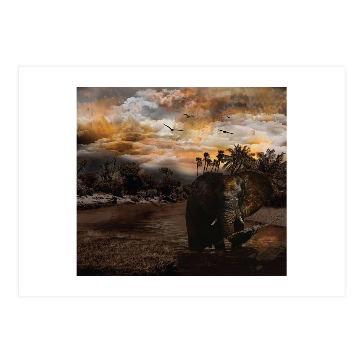 Elephant Scenic Golden Sunset African Wildlife Landscape (Print Only)