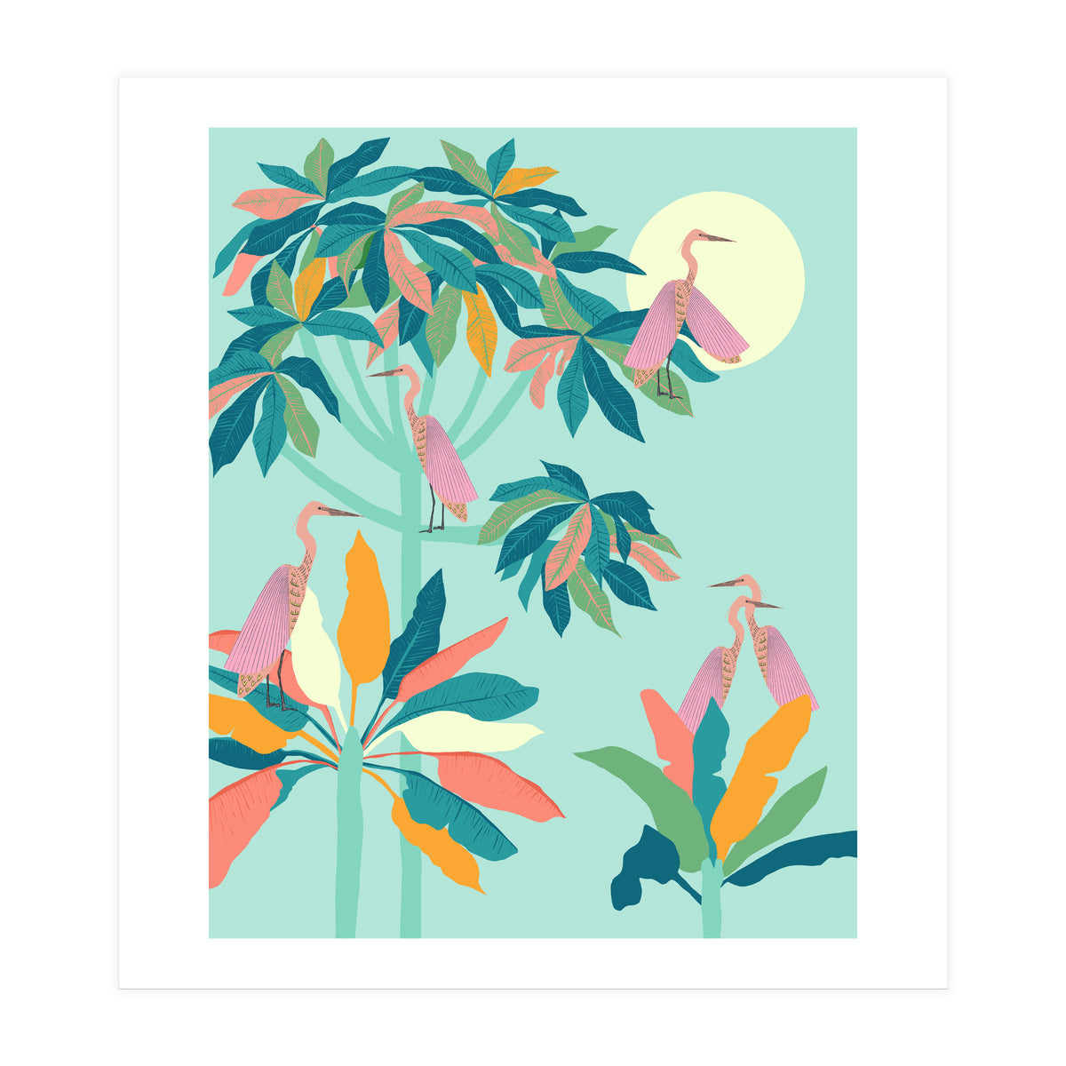 Drawn To The Moon, Stork Heron Flamingo Birds, Tropical Pastel Wildlife Forest Nature, Animals Jungle Bohemian Eclectic Fly (Print Only)