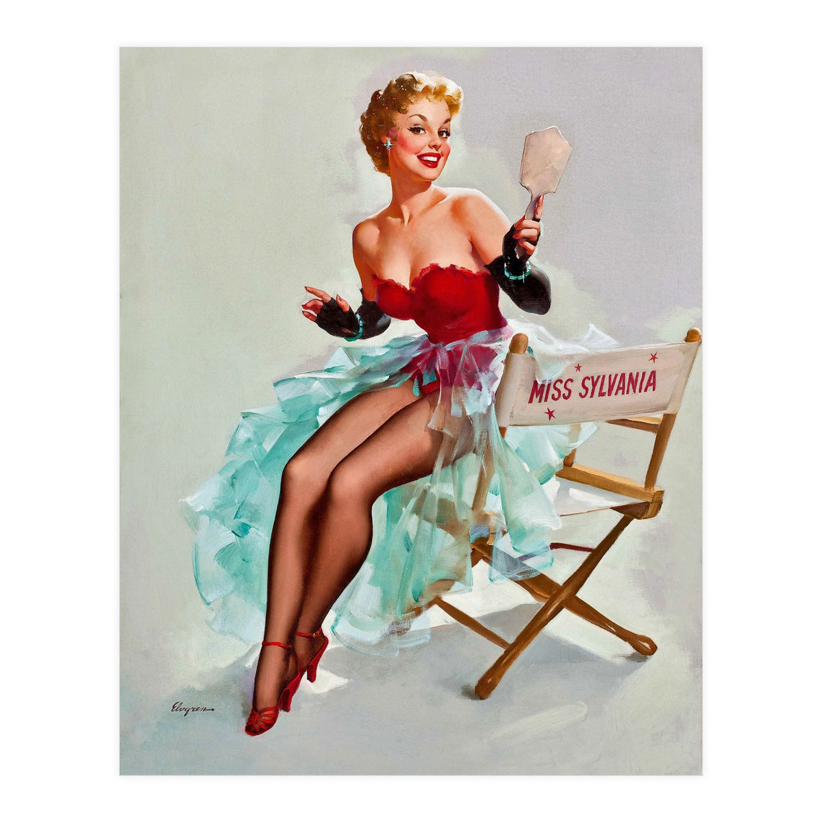 Sexy Pinup Actress Posing With a Mirror (Print Only)