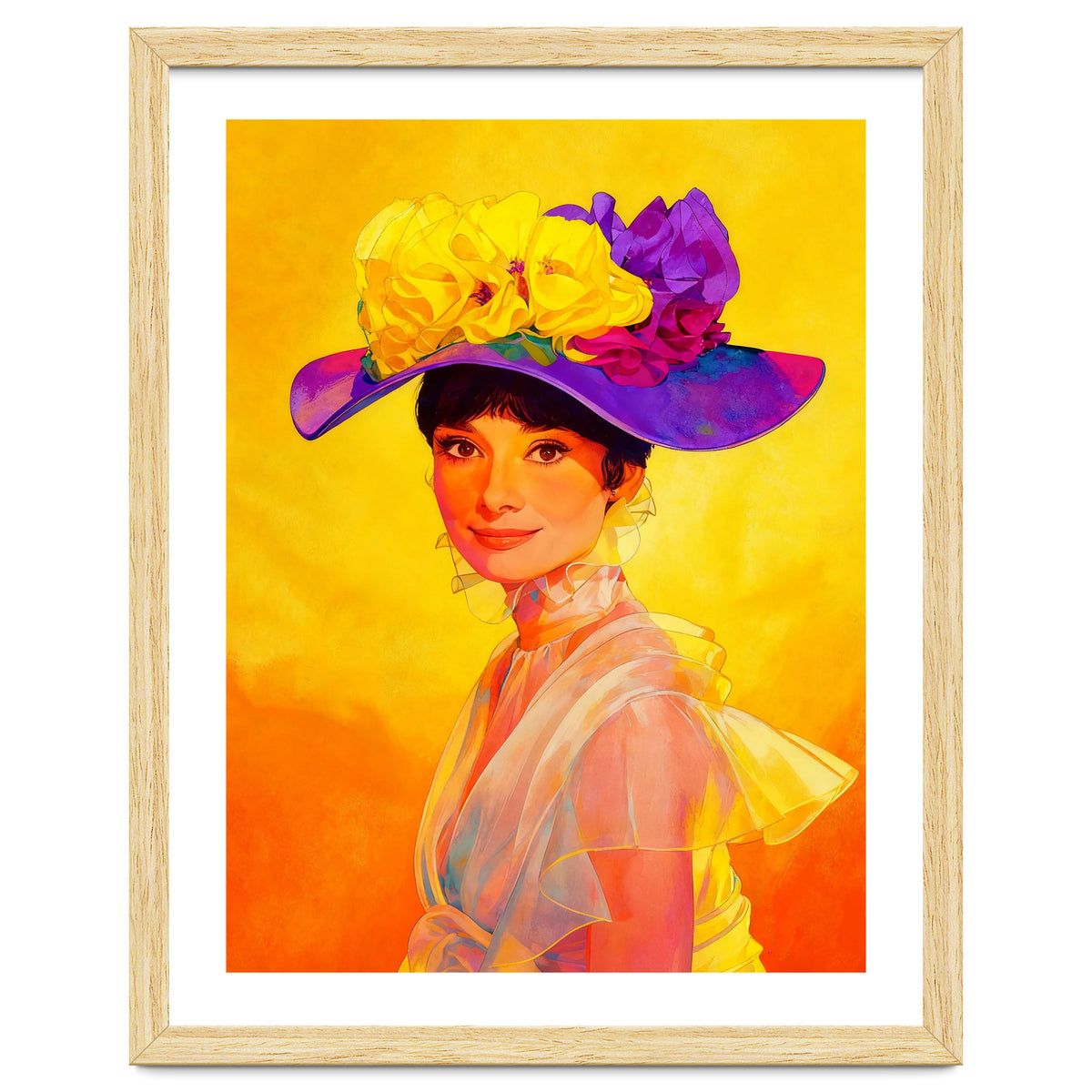 Audrey Hepburn Pop Art, Vibrant Floral Hat Portrait, Iconic Movie Star Illustration