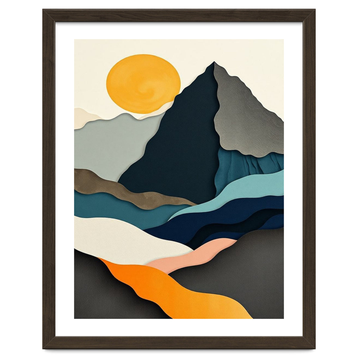 Minimalist Layered Mountain Landscape with Golden Sun