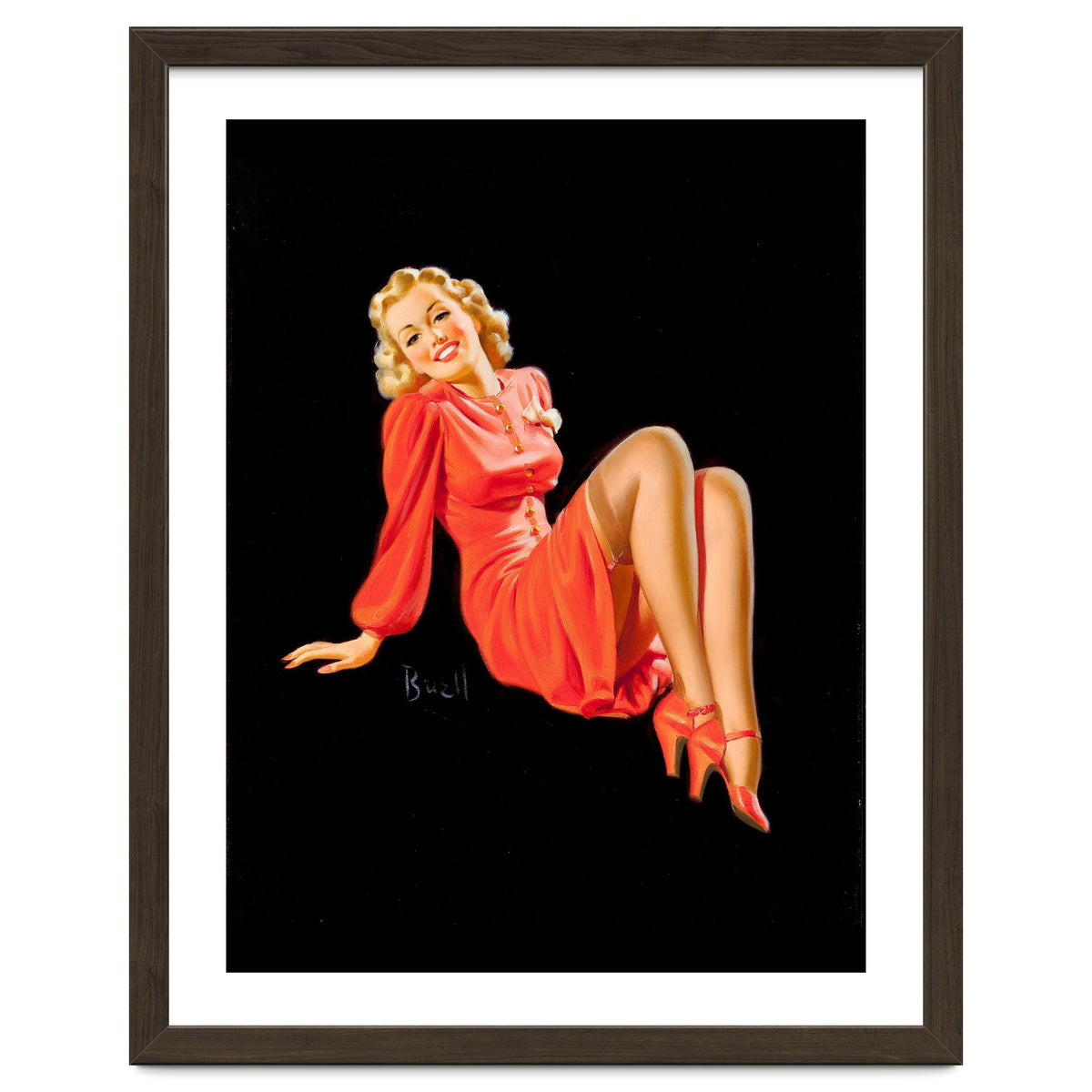 Smiling Pinup Woman Posing In Red Dress