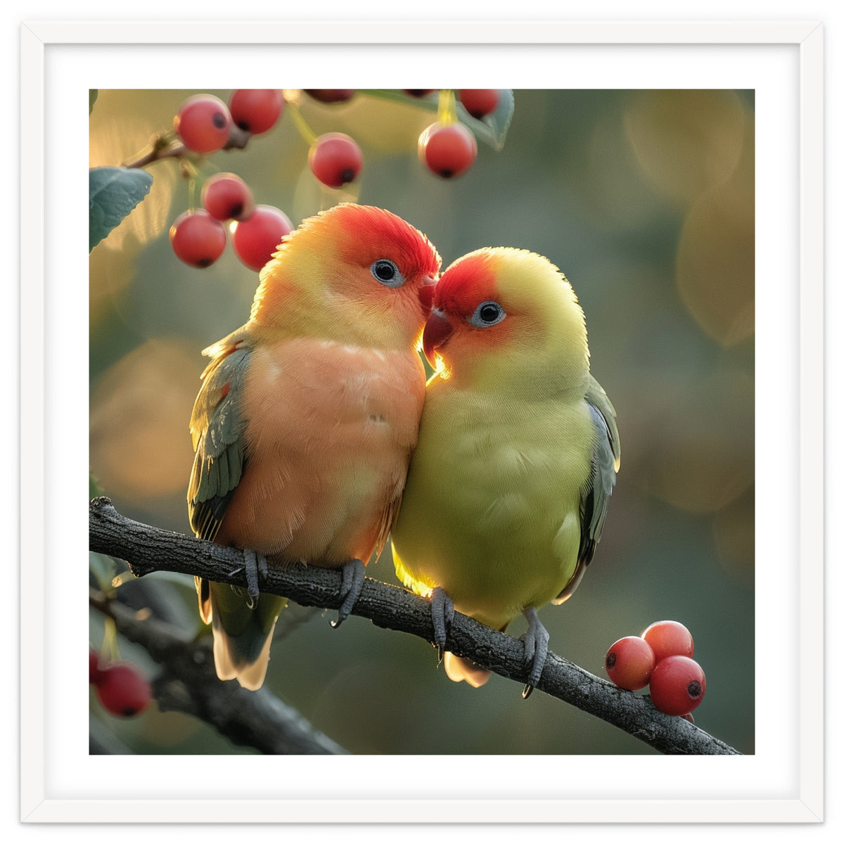Two Lovebirds Sitting On A Branch