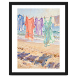 Laundry Drying by the Sea, Colorful Clothes on a Beach Clothesline, Coastal Summer Pastel Painting, Relaxing Ocean Shore Art Print thumbnail