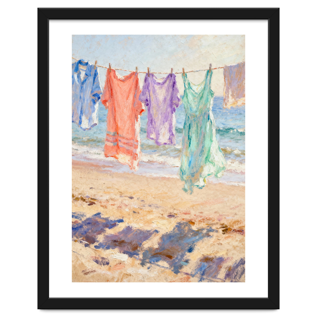 Laundry Drying by the Sea, Colorful Clothes on a Beach Clothesline, Coastal Summer Pastel Painting, Relaxing Ocean Shore Art Print