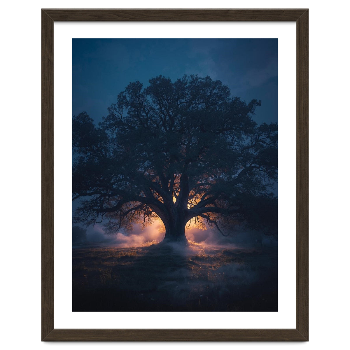 Ancient Mystical Oak Silhouette at Twilight with Ethereal Wisps
