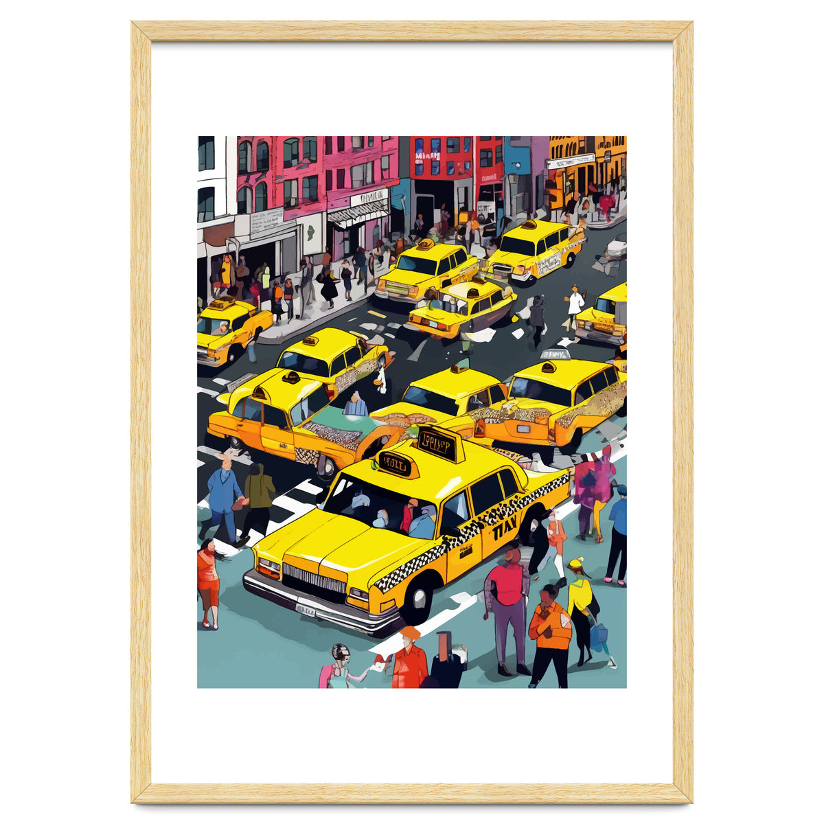 New York Minute, Yellow Taxi Cab Manhattan Downtown Busy Street, Traffic People Buildings Times Square Eclectic Road Architecture