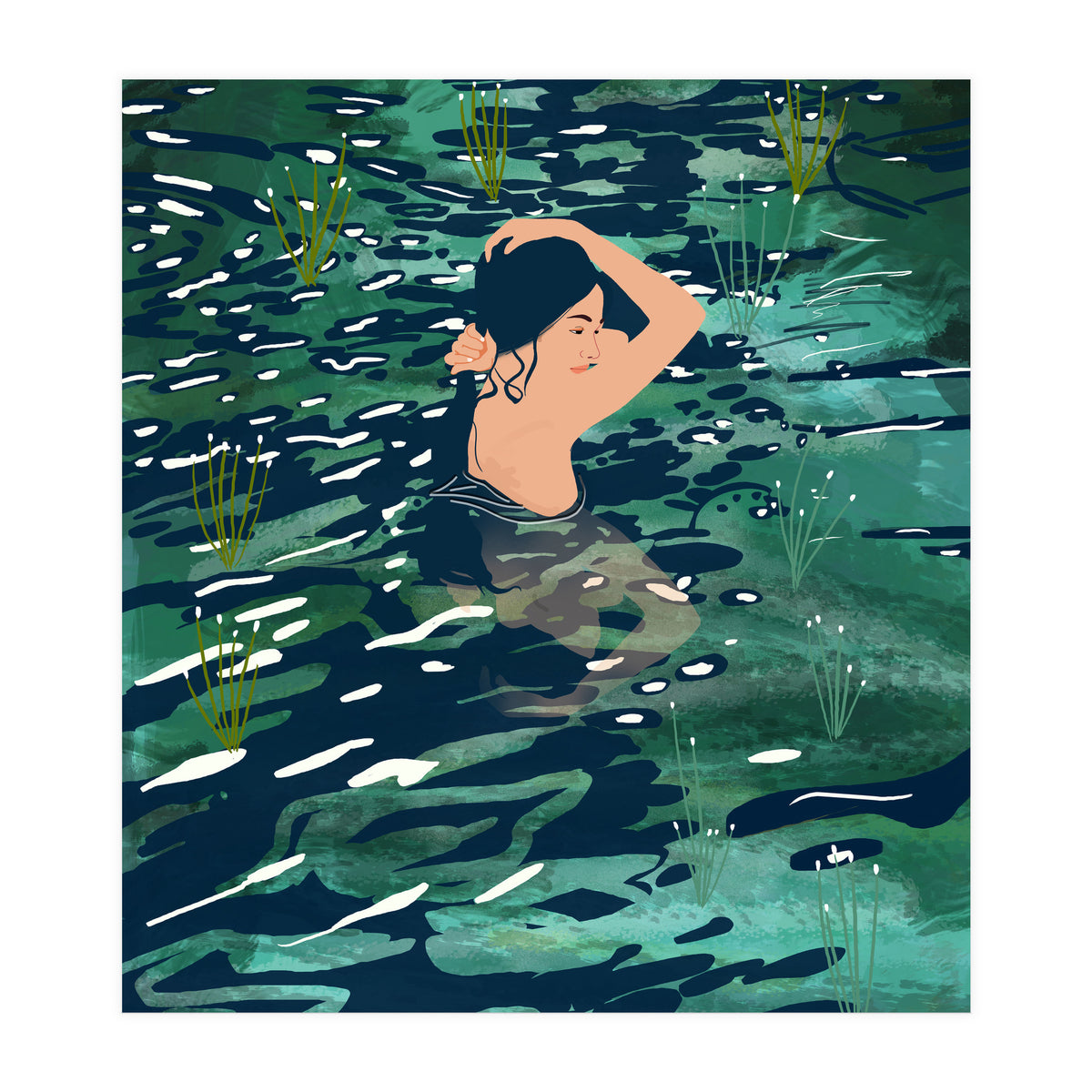 The Birth Of A Lake, Wild Nature Landscape Painting, Bohemian Woman Free Spirit (Print Only)