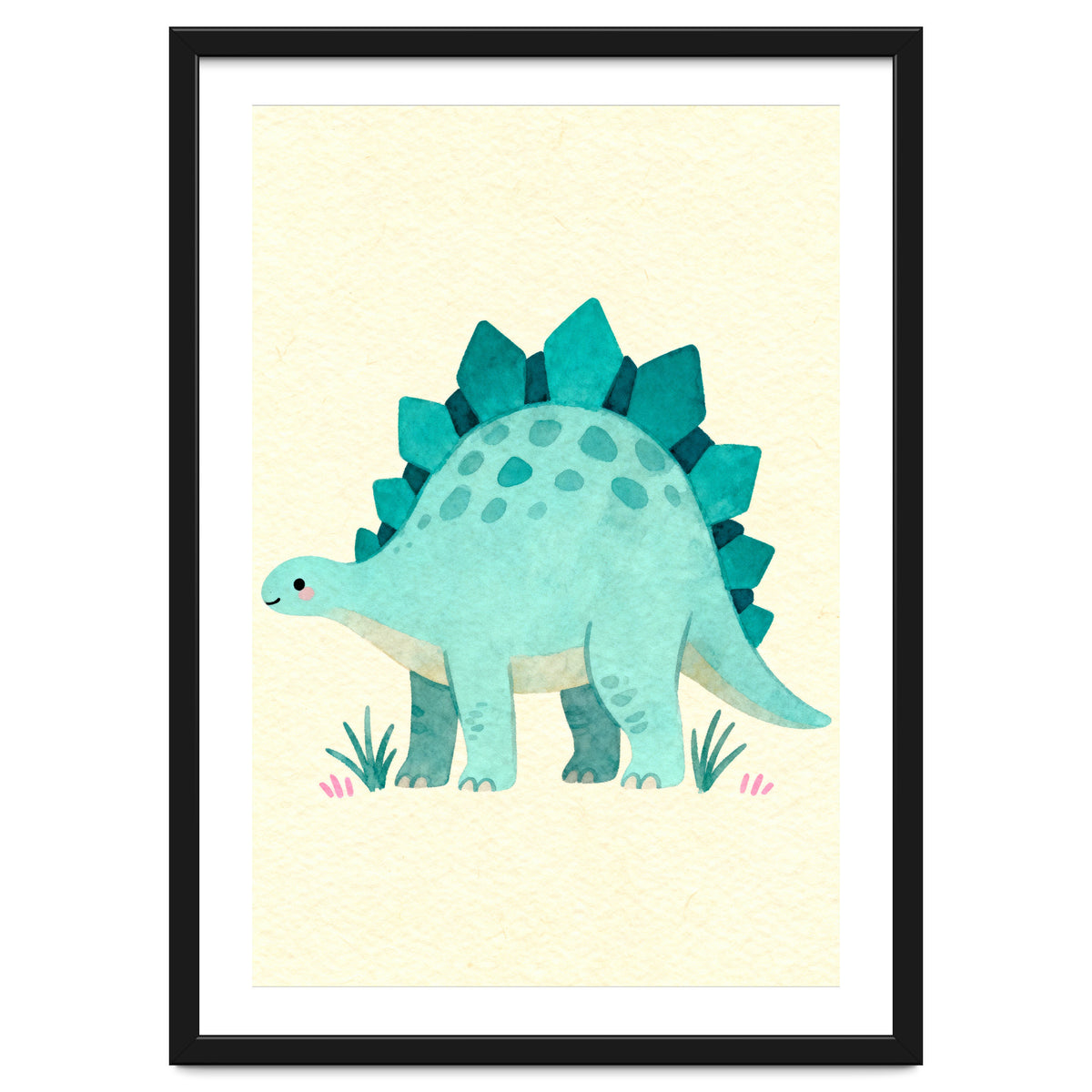 Teal Stegosaurus Watercolor Art, Cute Dinosaur Nursery Print, Whimsical Dino Illustration