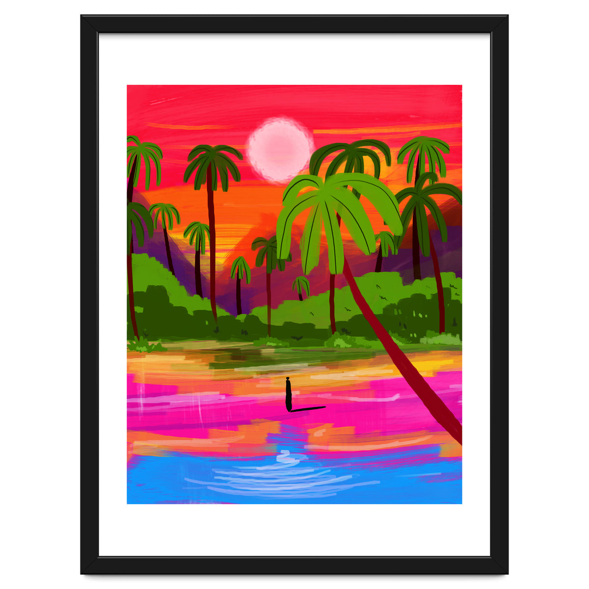 My Shadow & I, Sunset Painting Lake Beach Seashore, Tropical Nature Landscape Colorful Bohemian Traditional, Travel Concept Companion