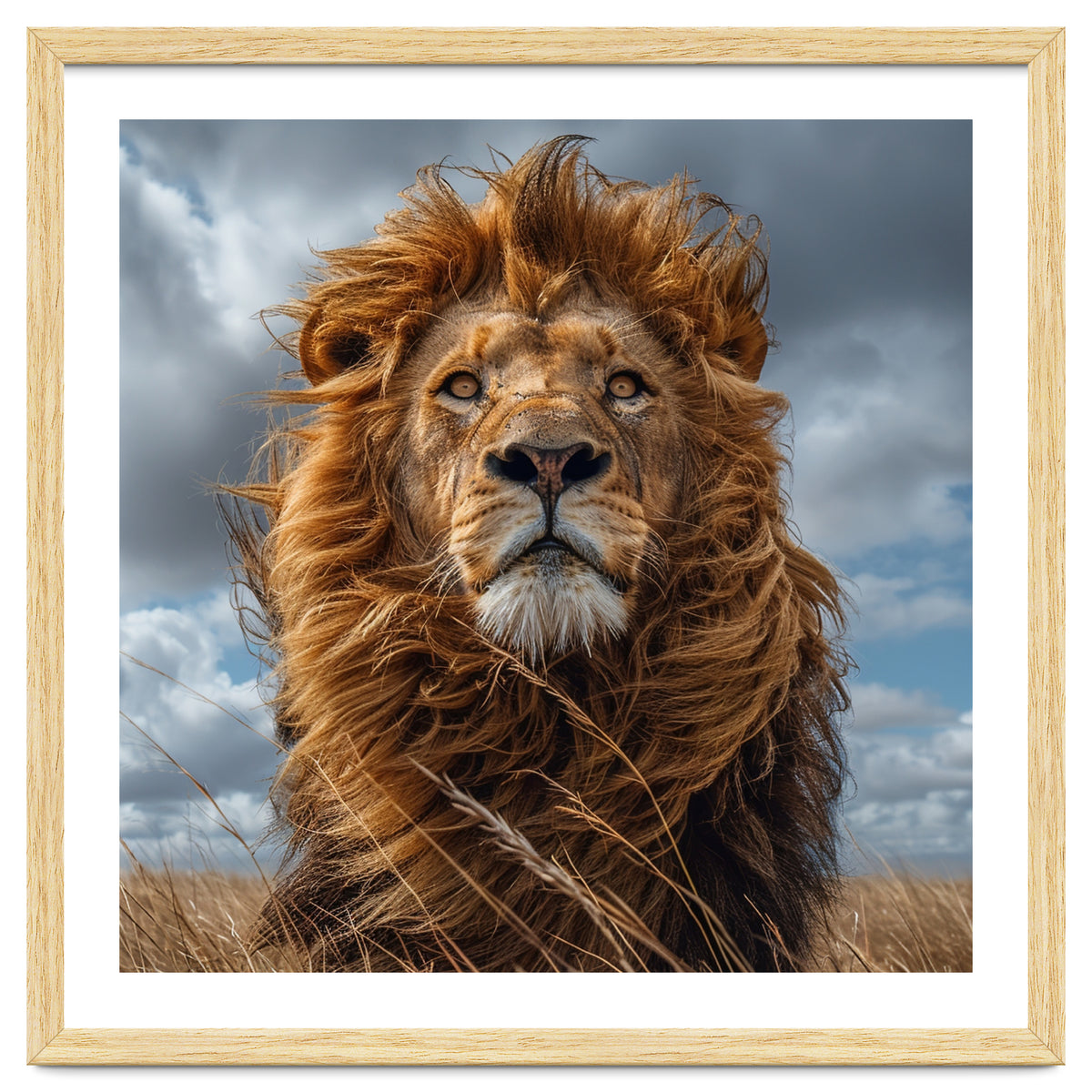 Majestic Lion Portrait Windblown Mane Outdoors
