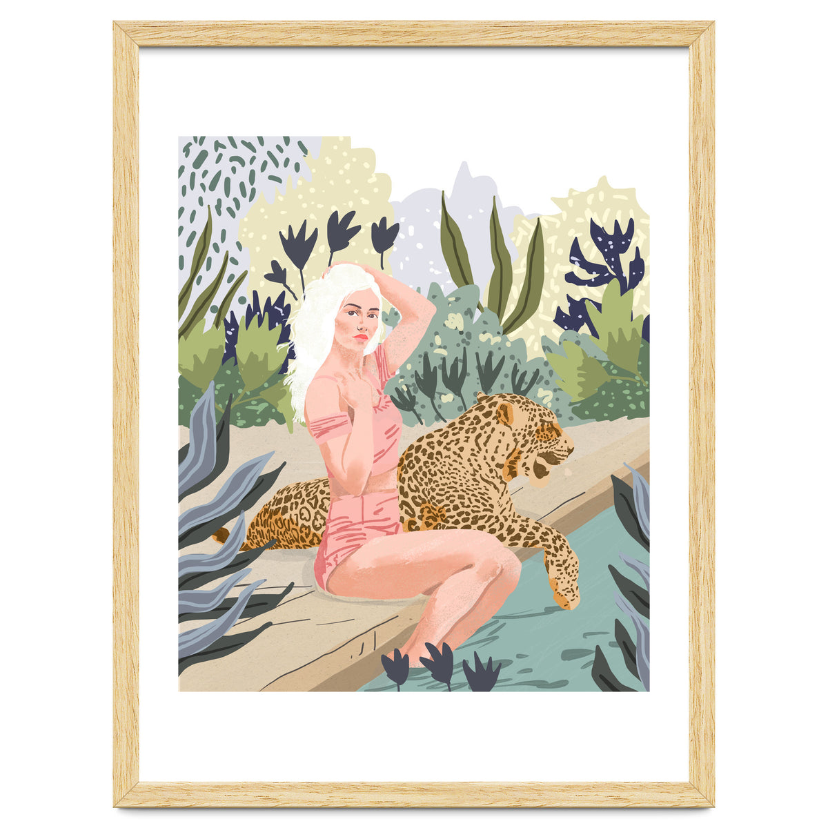 How to Train Your Leopard, Wild Cat Bohemian Woman Painting, Swimming Pool Bikini Summer Swim Animal