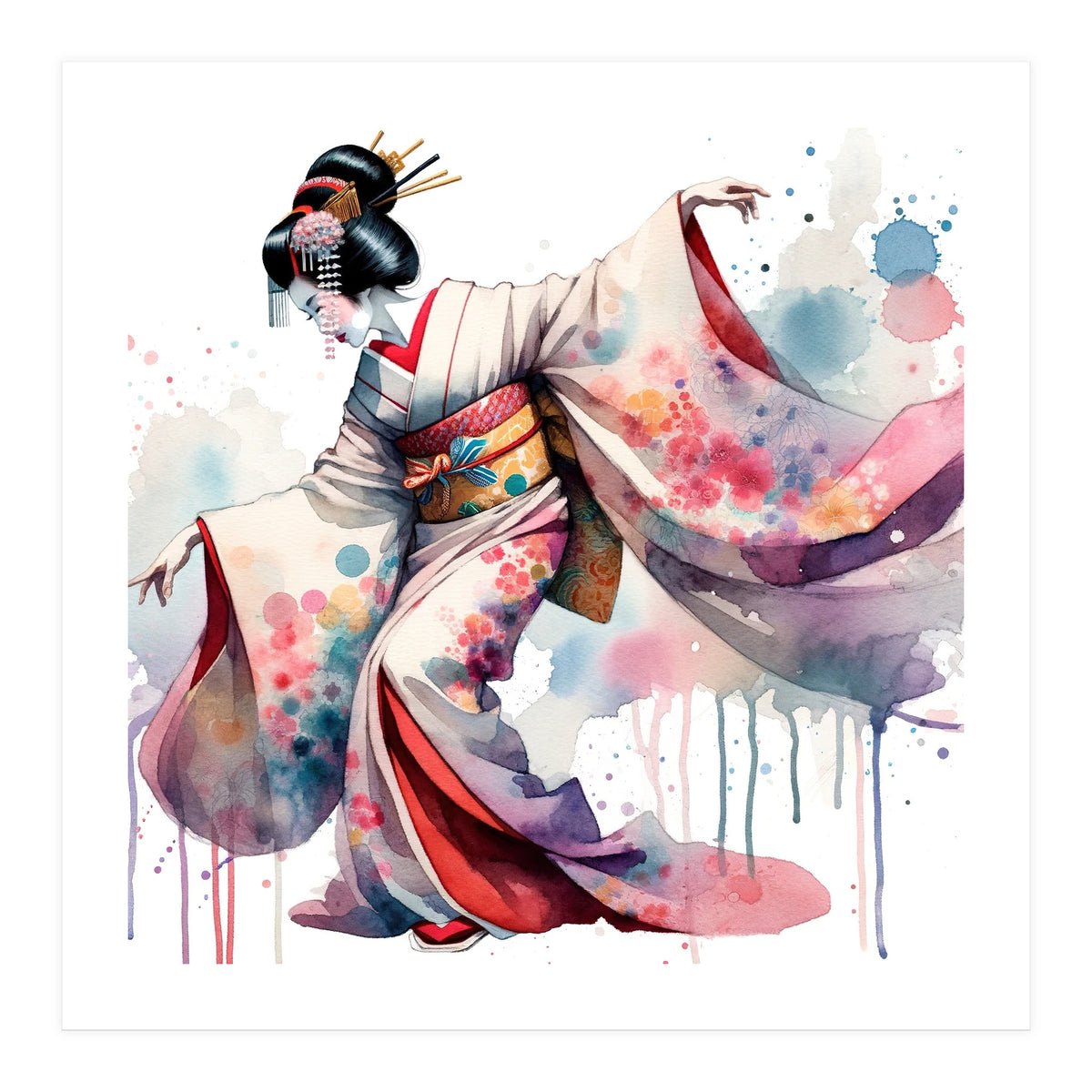 Geisha Dancer With Flowing Kimono (Print Only)