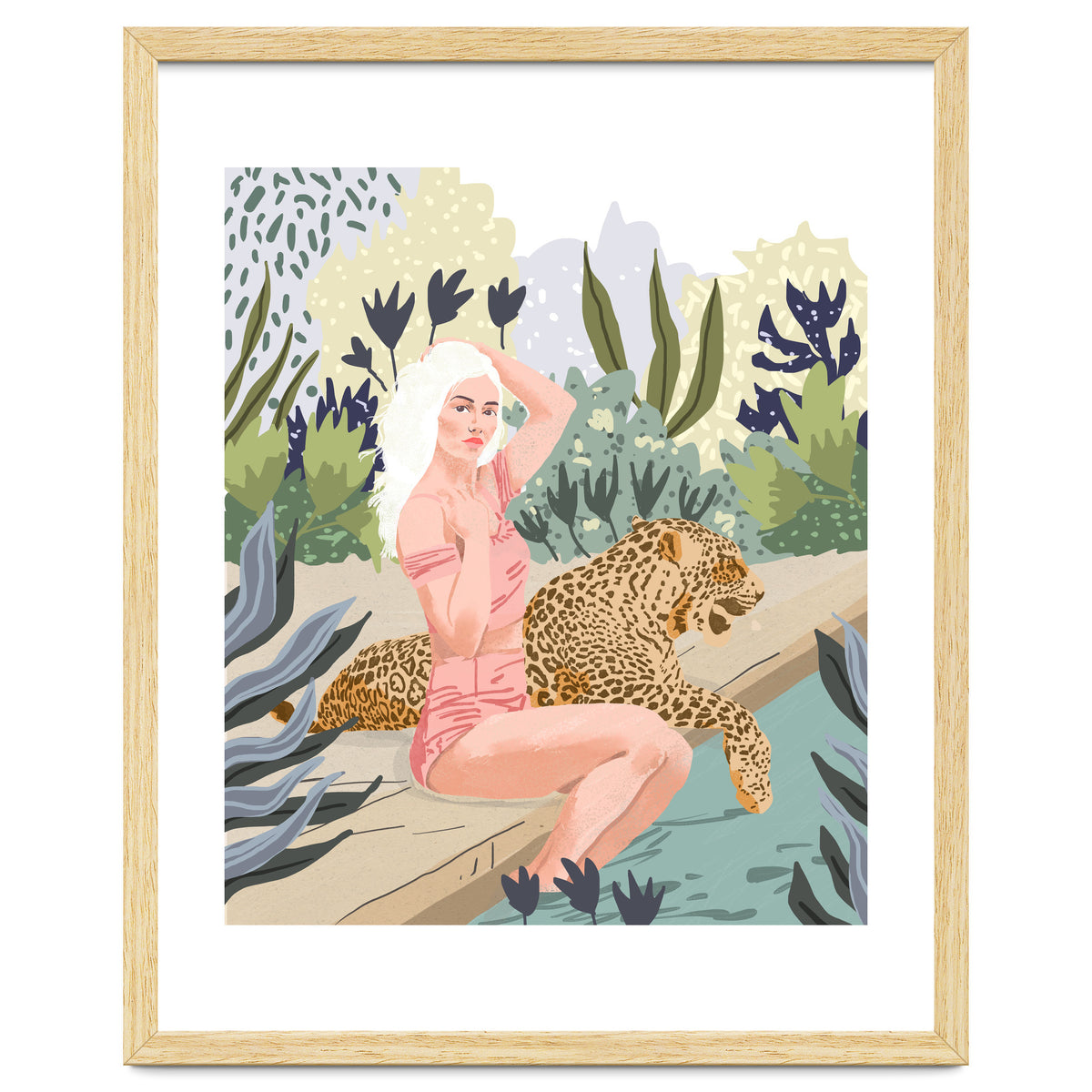 How to Train Your Leopard, Wild Cat Bohemian Woman Painting, Swimming Pool Bikini Summer Swim Animal