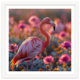 Pink Flamingo Standing In A Field Of Flowers thumbnail