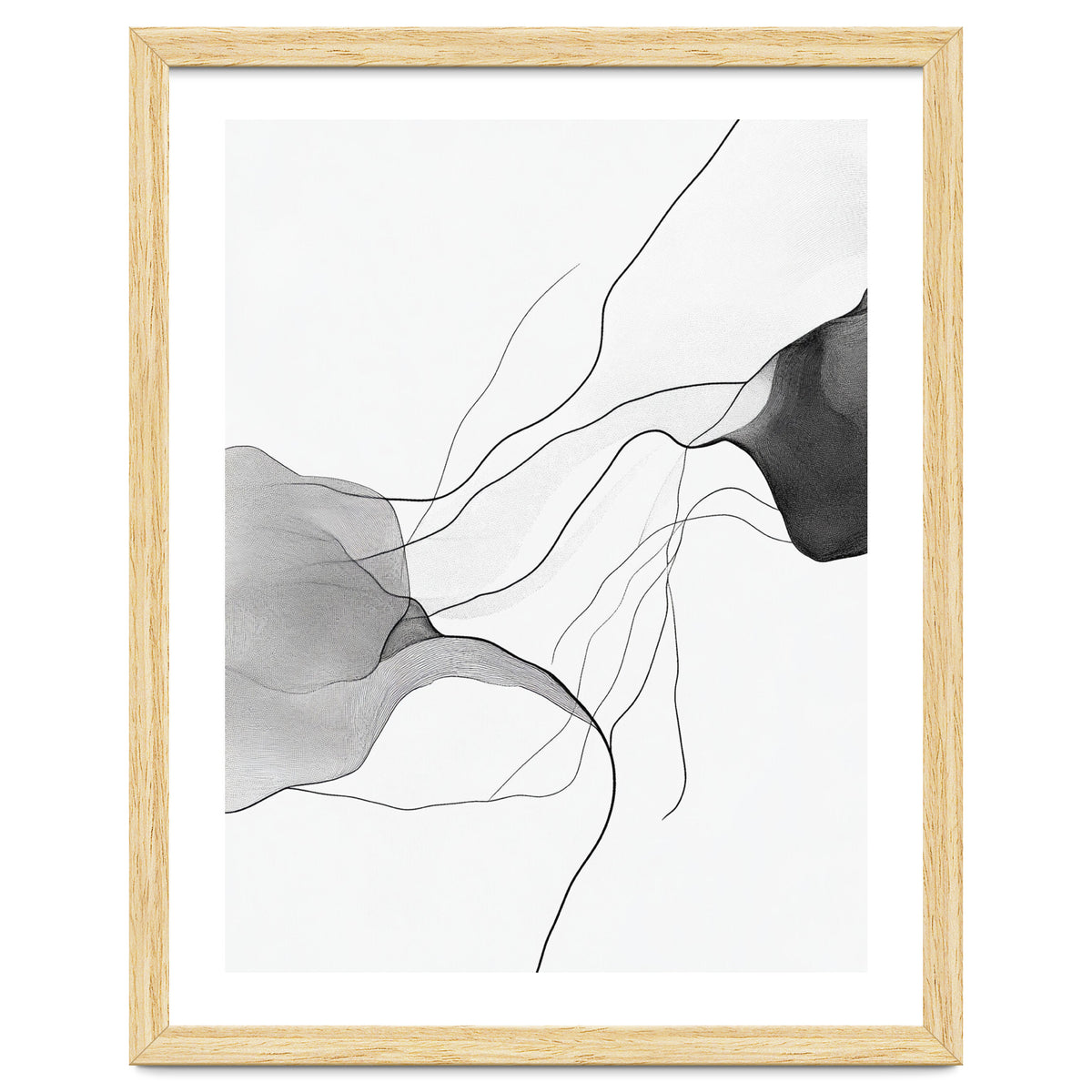 Abstract Black And White Flowing Lines And Shapes On White Background