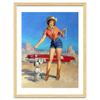 Pinup Cowgirl Showing A New Dog Trick