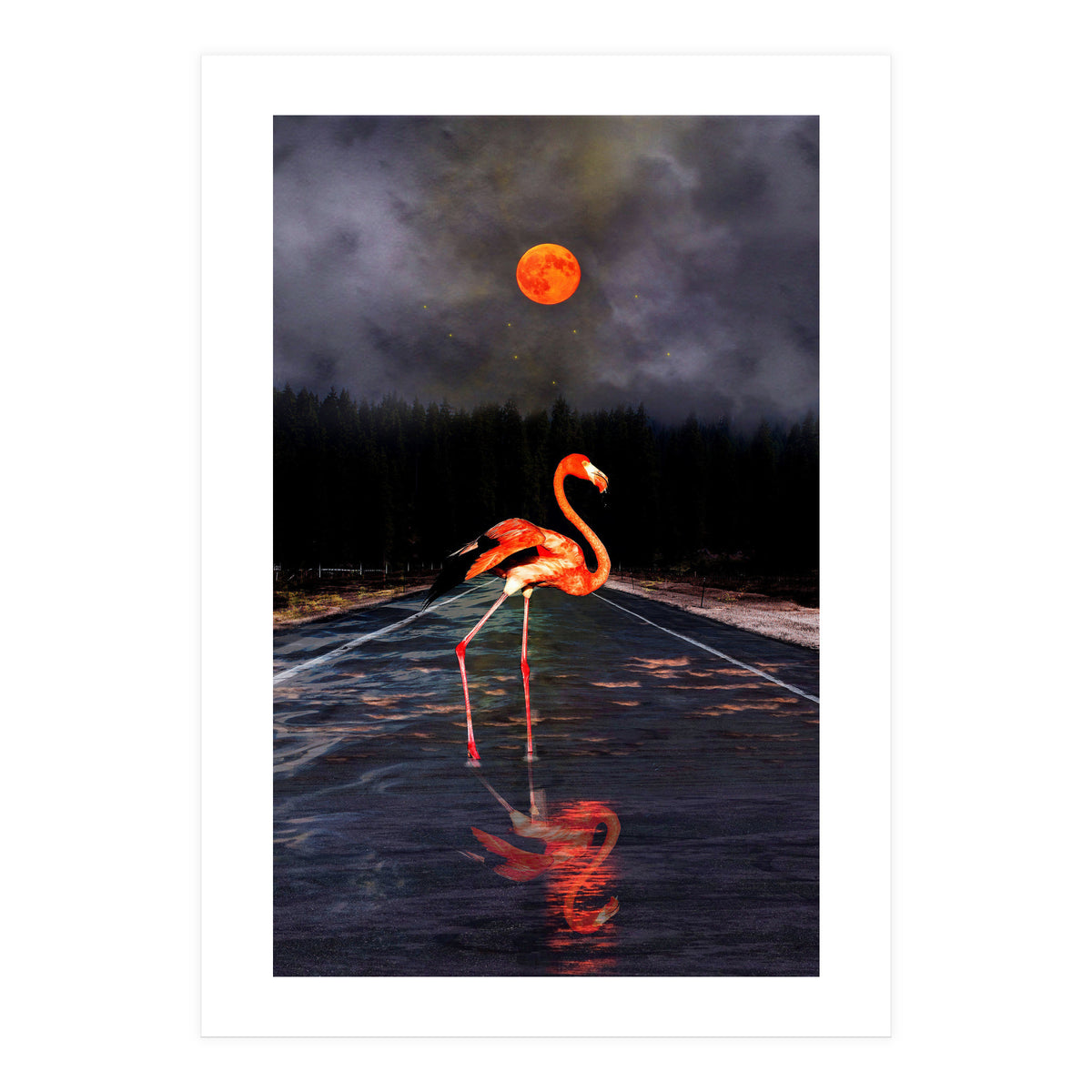 Flamingo and Red Moon  (Print Only)