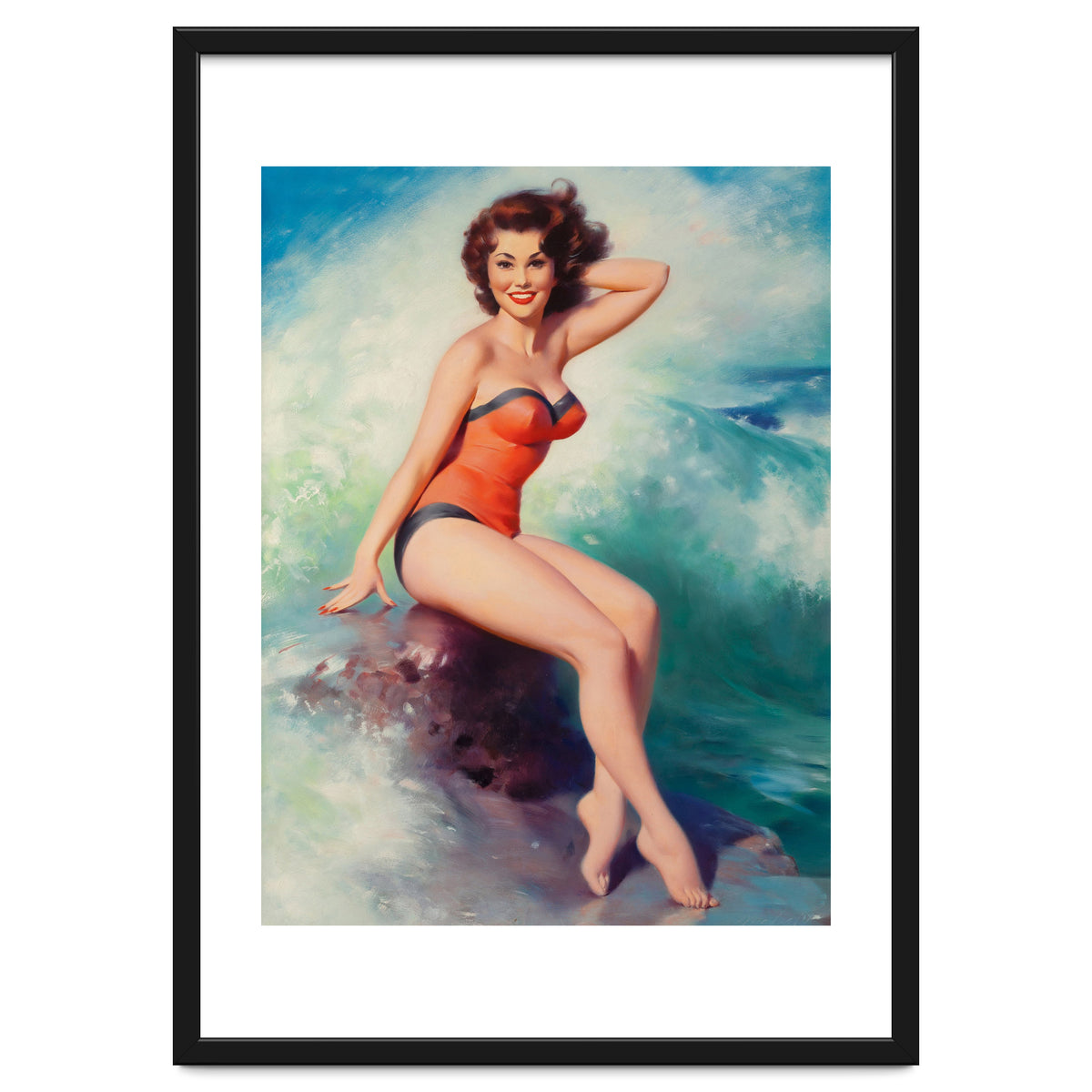 Pinup Girl Posing In Front Of Big Waves On The Beach