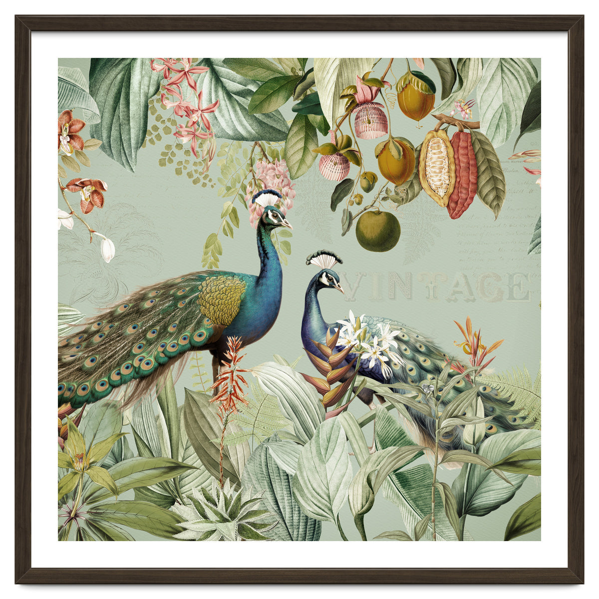 Vintage Exotic Asian Peacocks In Tropical Jungle Landscape