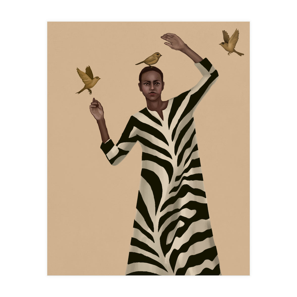 Woman With Birds And Zebra Pattern Dress (Print Only)