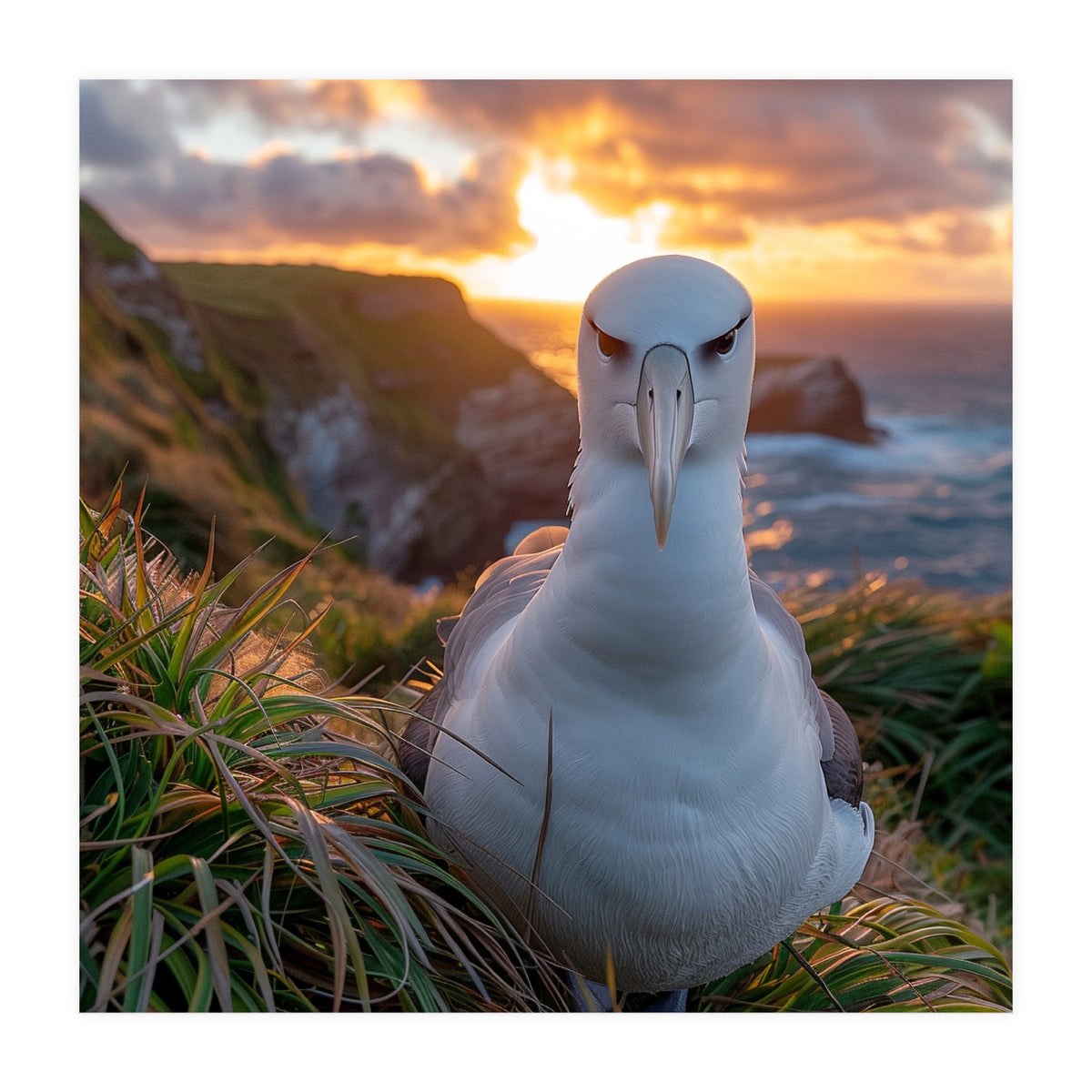 Albatross Bird On Grassy Cliff At Sunset (Print Only)