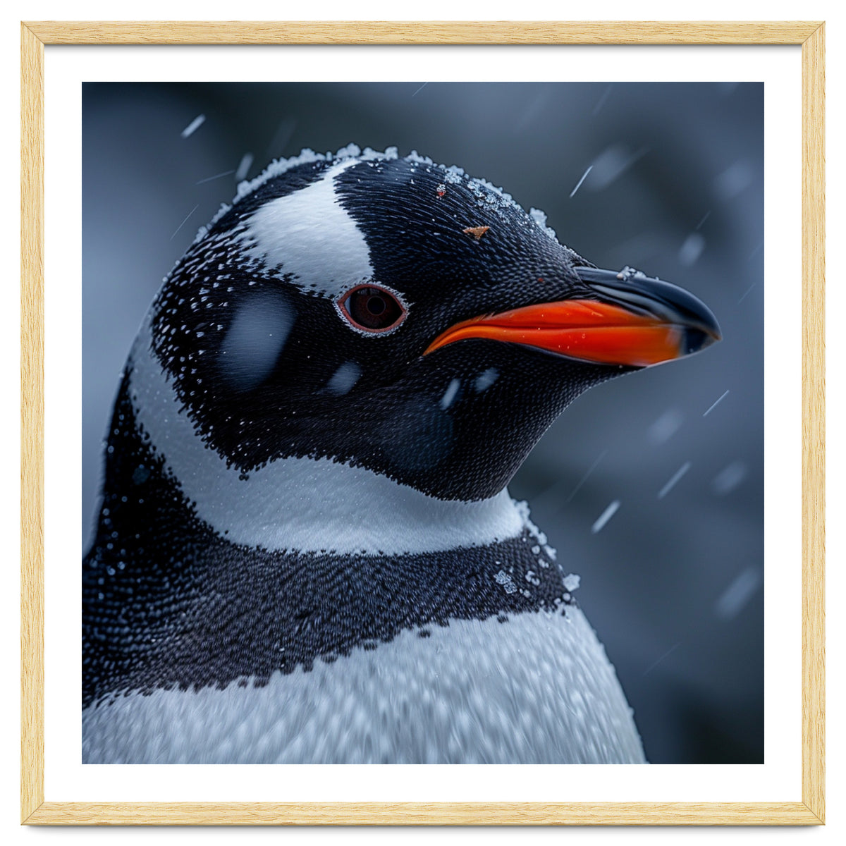 Close Up Penguin Portrait In Snowy Weather