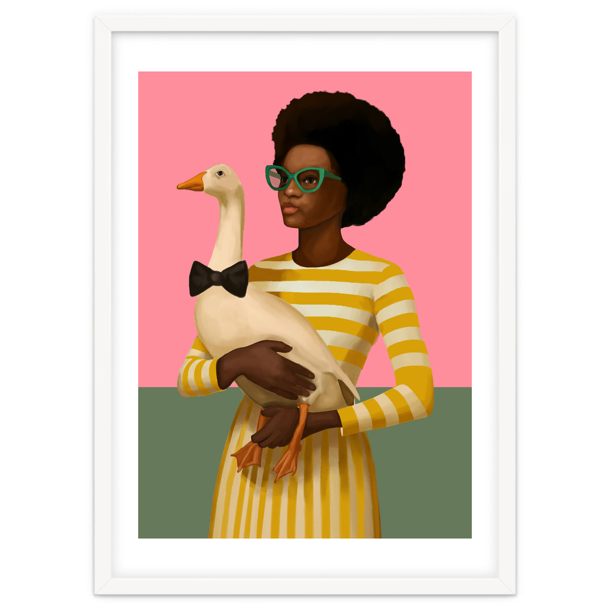 Stylish Woman Holding Goose In Striped Dress