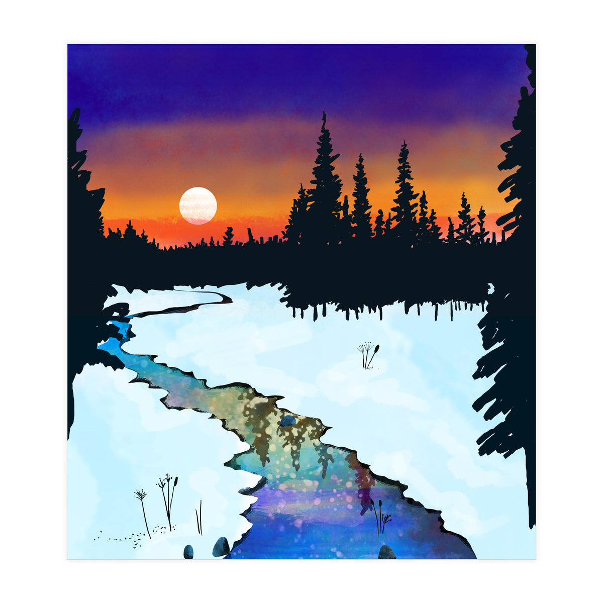 Purple Midnight, Snow River Full Moon Nature Landscape Painting, Winter Travel Adventure Places (Print Only)