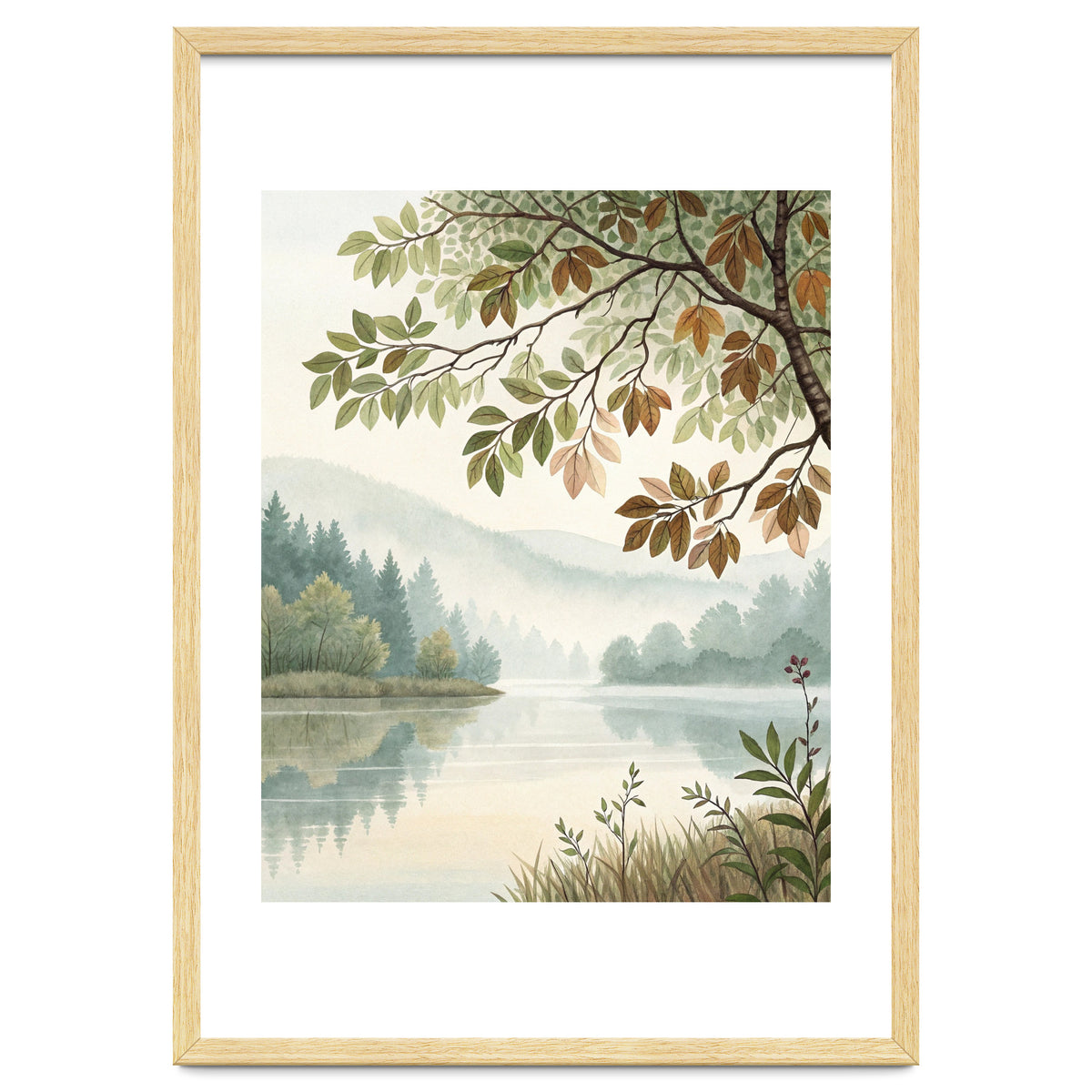 Tranquil Lakeside Forest Watercolor Painting with Overhanging Autumn Branches and Misty Mountain Reflection
