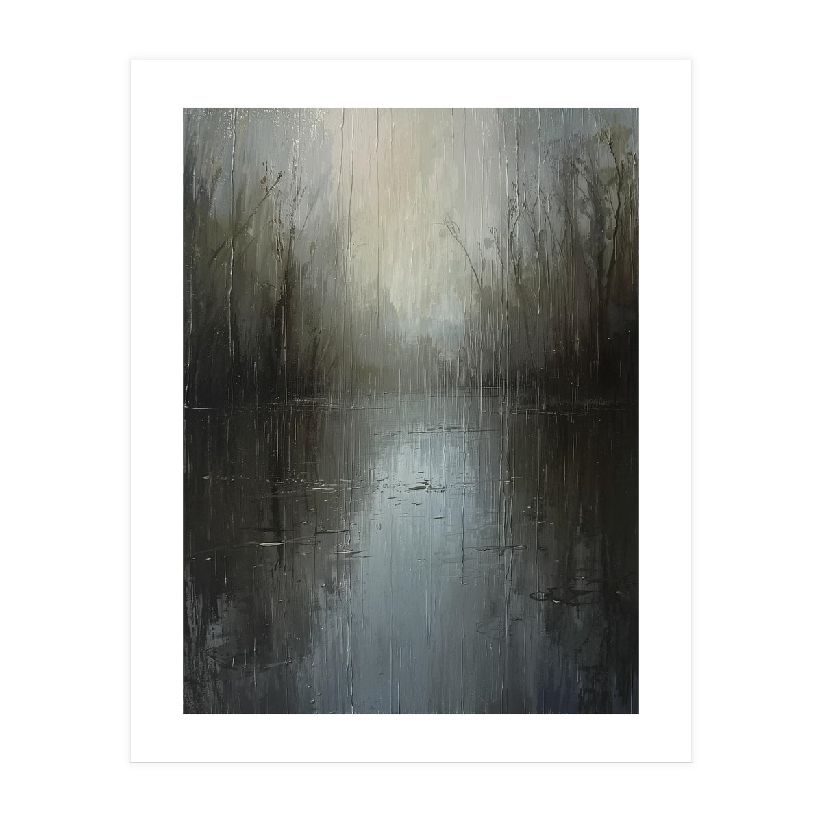 Ethereal Rainy Lake Forest Oil Painting (Print Only)