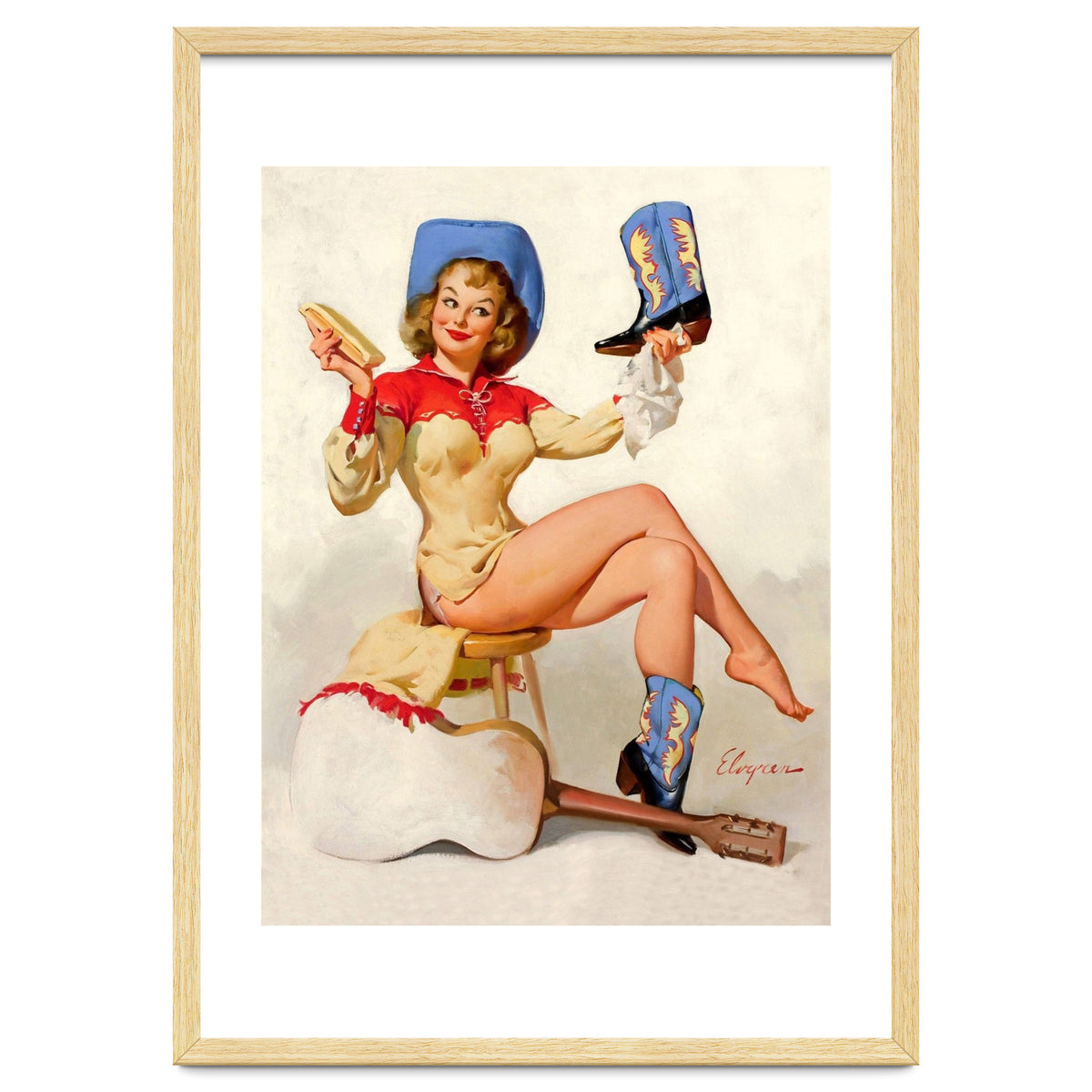 Pinup Sexy Cowgirl Cleaning Her Boots