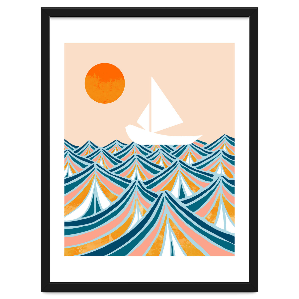 Set Sail, Ocean Boat Sailing Travel, Sea Cruise Summer Waves, Graphic Design Bohemian Modern Eclectic