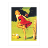 Pinup Girl In Red Dress Crossing The Barbed Wire While Looking At The Bull (Print Only) thumbnail