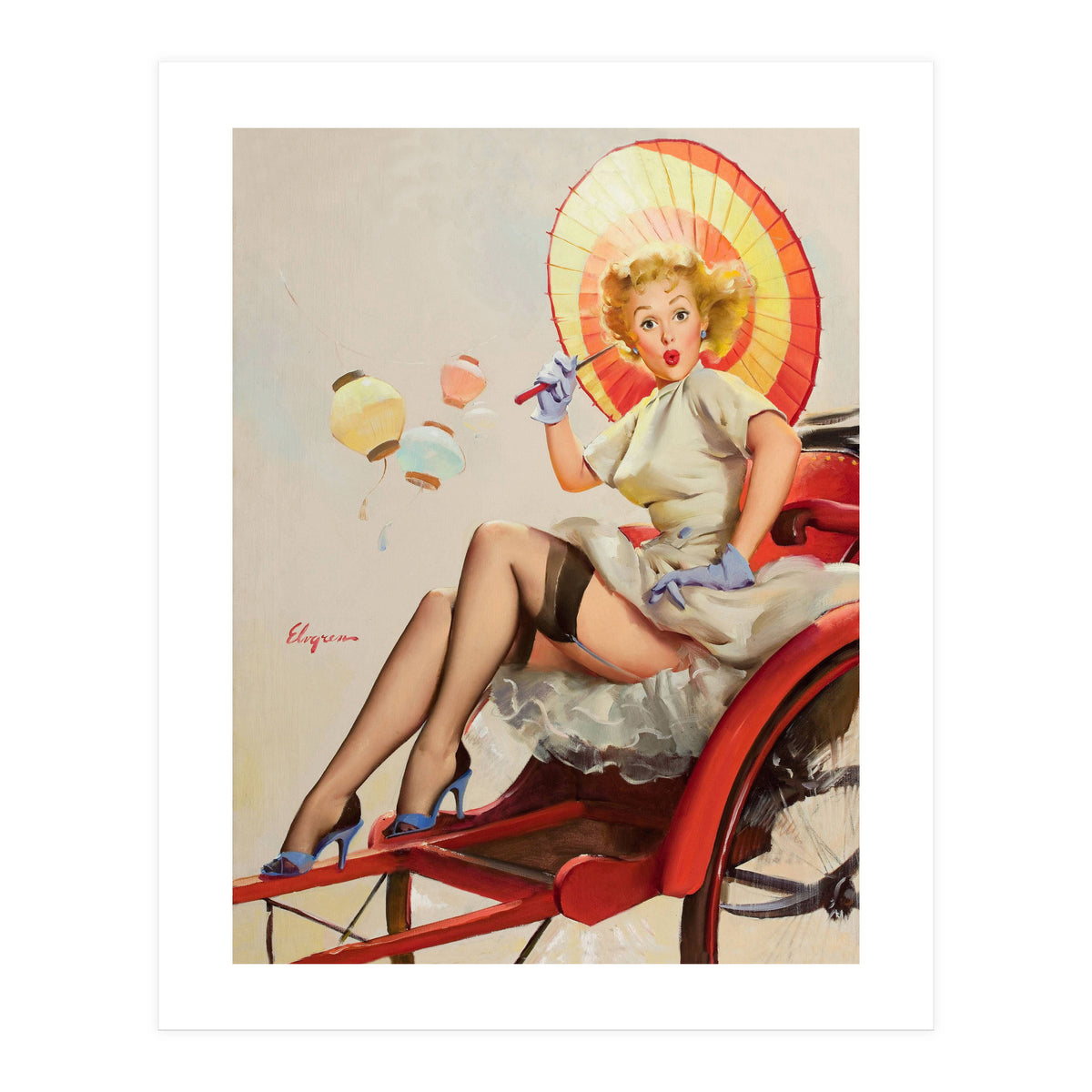 Pinup Girl In Rickshaw Experiencing Sudden Wind (Print Only)